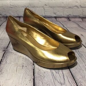 Kelly & Katie gold platform peep toe wedges
